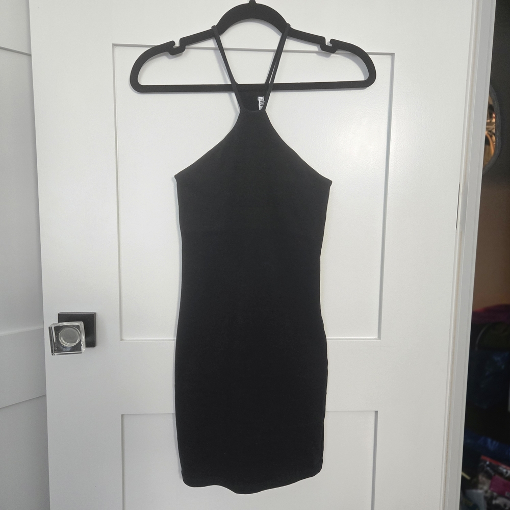 NWT Zara Little Black Dress Sexy High Neck Mini Stretch Thick Cotton Size Small